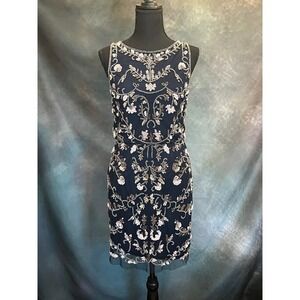 Adrianna Papell Navy Blue Sleeveless Beaded Sequin Sheath Dress Size‎ 4